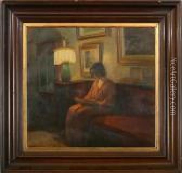 Woman Reading By The Lamplight Oil Painting - Poul Friis Nybo