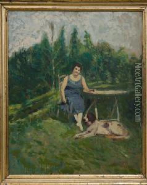 Ritratto Di Signora In Un Parco Con Cane Oil Painting - Egidio Riva