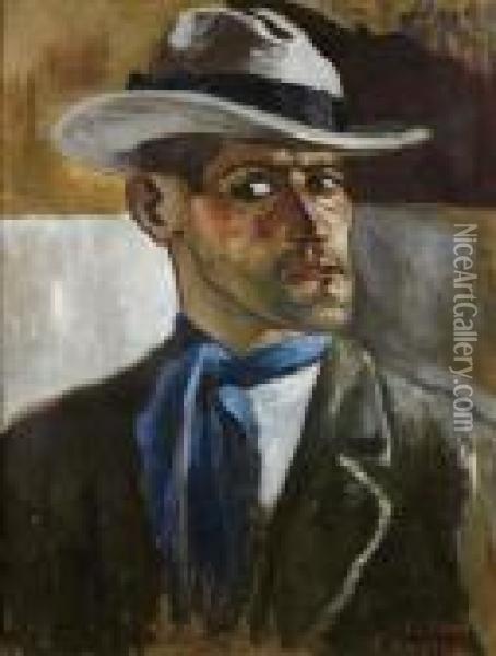 Autoportrait Au Chapeau. Oil Painting - Marcel Leprin
