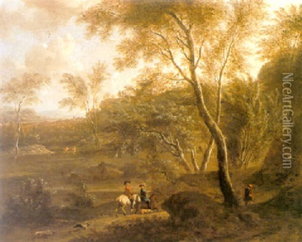 Sportsmen In A Wooded Landscape Oil Painting - Frederick De Moucheron