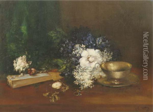 White And Blue Flowers, A Fan And A Pocketwatch Oil Painting - Antoine Vollon
