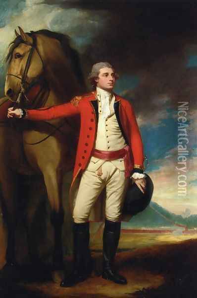 Portrait of Major James Harelty, Full-Length, in Uniform, Holding His Horse, a Formation of Soldiers Beyond Oil Painting - George Romney