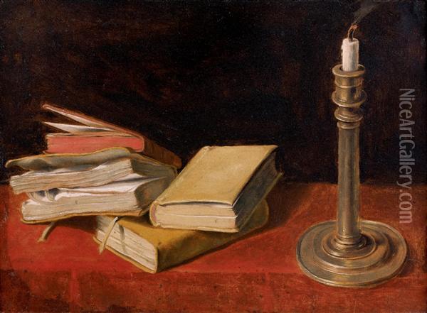 Vanite Aux Livres Avec Une Bougie Sur Un Entablement Oil Painting - Charles-Emmanuel Bizet