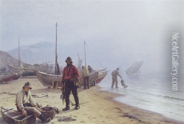 Havgus, Fiskerne Gar I Land. Lonstrup Oil Painting - Niels Frederik Schiottz-Jensen