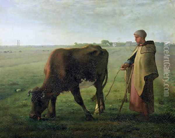 Woman Grazing her Cow, 1858 Oil Painting - Jean-Francois Millet