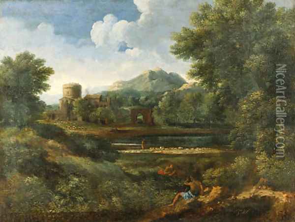 An extensive Italianate landscape with shepherds by a river Oil Painting - Jan Frans Van Bloemen (Orizzonte)