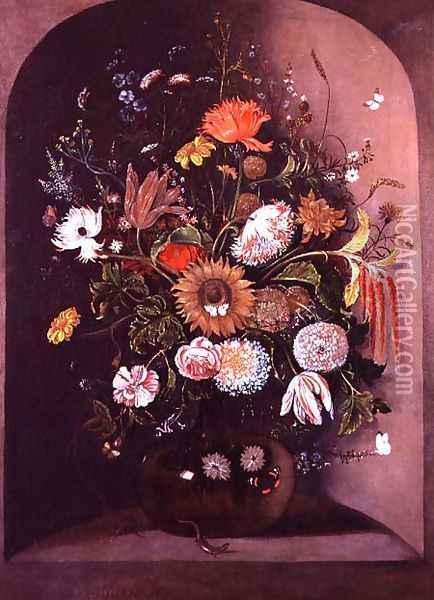 Mixed Flowers in a Glass Bowl in a Niche with a Lizard and a Mouse Oil Painting - Mathias Withoos