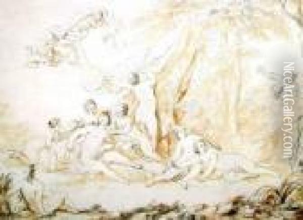 Badende Diana Mit Ihren Nymphen Von Zwei Satyrn Beobachtet Oil Painting - Johann Georg Wagner