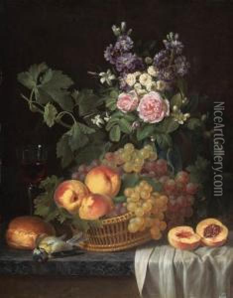 Roses, Stocks, Jasmine And Other
 Flowers In A Vase, With Peachesand Grapes In A Basket, A Glass Of Wine,
 A Blue Tit, A Bread Rolland A Peach On A Partly Draped Marble Ledge Oil Painting - Jean-Joseph-Xavier Bidauld