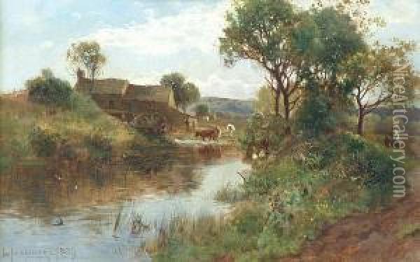 Cattle Watering By A Watermill Oil Painting - William Manners