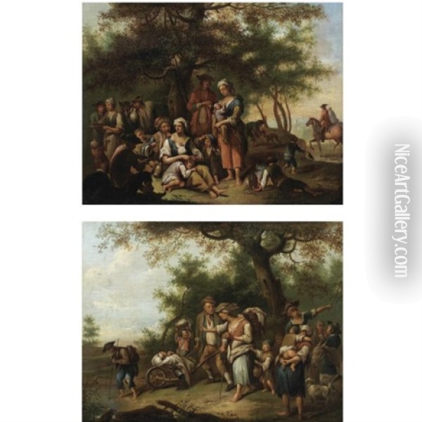 Peasants Resting Beside A Path (+ Travellers Crossing The Countryside; Pair) Oil Painting - Johann Conrad Seekatz