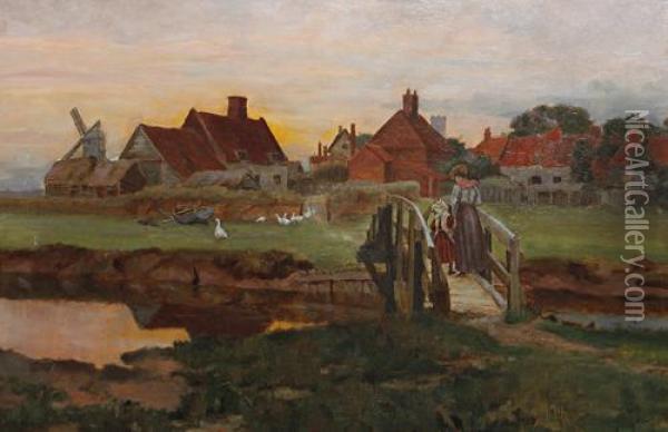 Figures Crossing A Bridge With A Farmstead Beyond Oil Painting - George Edward Cook