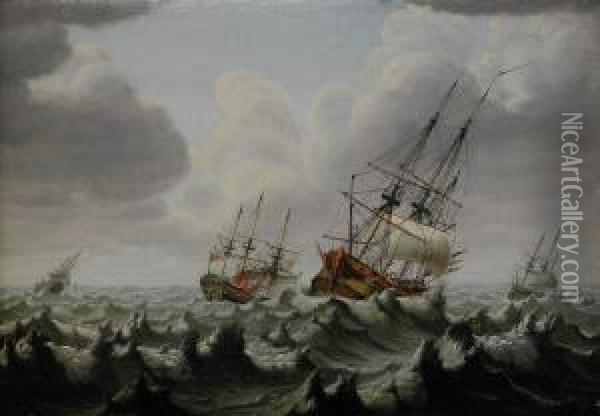 Sjoslag Mellan Den Svenska Och Engelska Flottan - Mojligen Orlogsskeppet Olands Strid 1704 Oil Painting - Johan Tietrich Schoultz