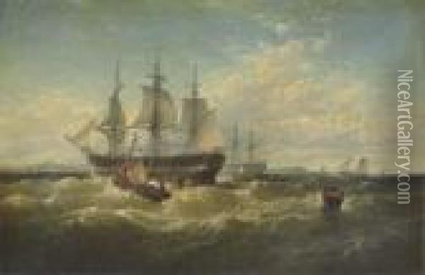 A Packet Ship Backing Sails In Outer Boston Harbor Oil Painting - Edward Moran