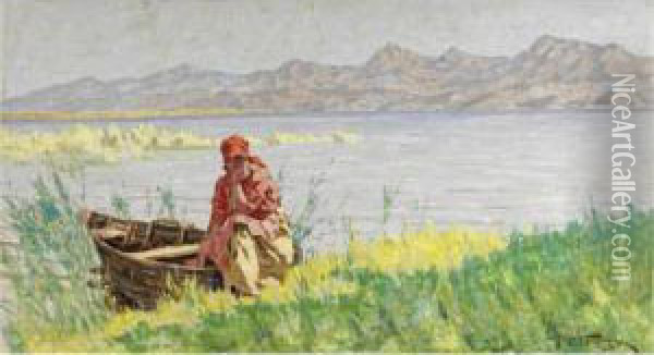 Sulla Riva Del Lago Di Massaciuccoli Oil Painting - Angiolo Tommasi