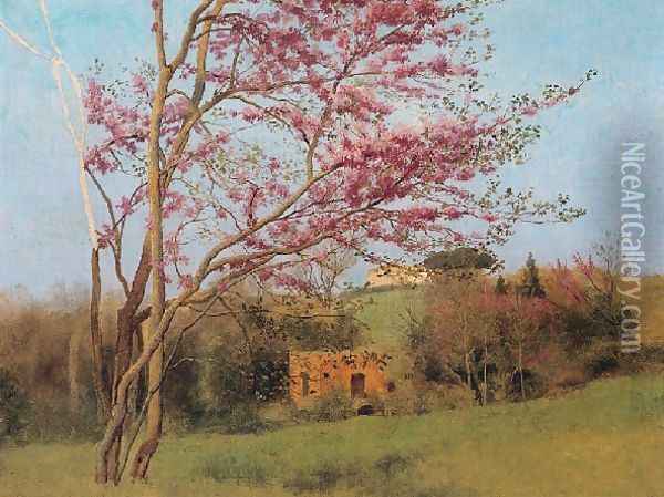 Landscape Of A Blossoming Red Almond Oil Painting - John William Godward
