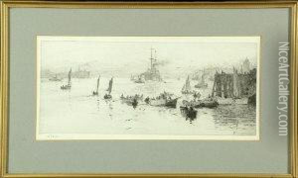 Fishing Boats At North Shields Harbour - Drypoint, Signed By The Artist In Pencil. Oil Painting - William Lionel Wyllie