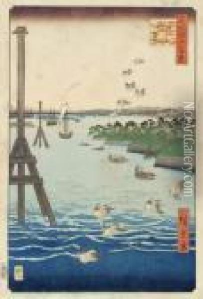 Oban Yoko-e De La Serie Meisho 
Edo Hyakkei, Les Cent Vues D'edo, Planche Shibaura No Fukei, La Vue De 
La Cote Shiba. Oil Painting - Utagawa or Ando Hiroshige