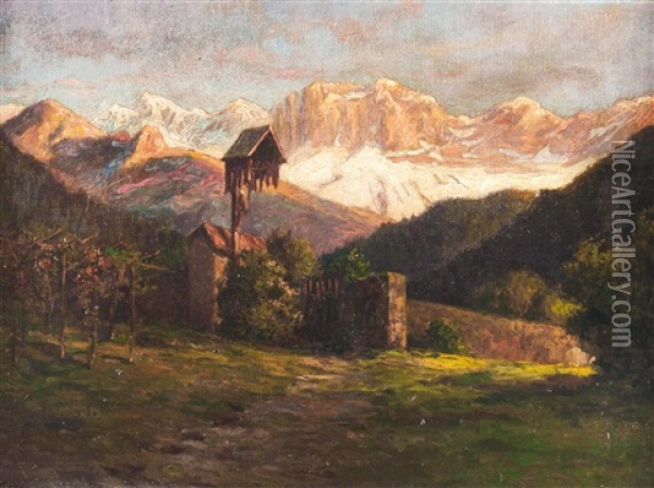 Landschaft Bei Tiers, Im Hintergrund Der Rosengarten, Sudtirol Oil Painting - Josef Theodor Moroder-Lusenberg