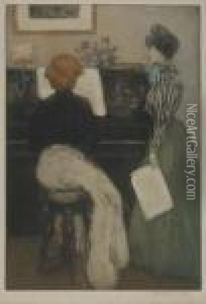 Femmes Au Piano Oil Painting - Manuel Robbe