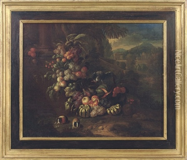 Grapes, Pumpkins, Melons And Other Fruit, A Parrot And Two Guinea-pigs In An Italianate Landscape Oil Painting - Jan Pauwel Gillemans the Younger