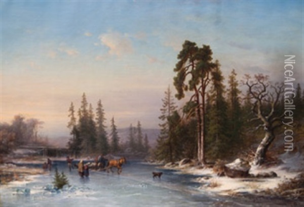 Vinterlandskap Med Timmerstade Och Skridskoakare Oil Painting - Joseph Magnus Stack