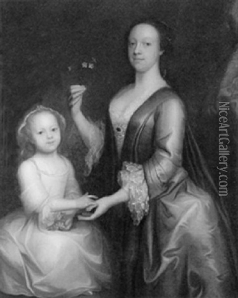 Portrait Of A Lady Wearing A Blue Dress And Holding A Sprig Of Jasmine, With Her Daughter Seated Beside Her Oil Painting - Michael Dahl