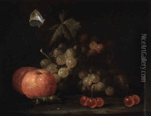 Nature Morte Aux Fruits: Cerises, Raisins Et Papillon Oil Painting - Jan Pauwel Gillemans The Elder