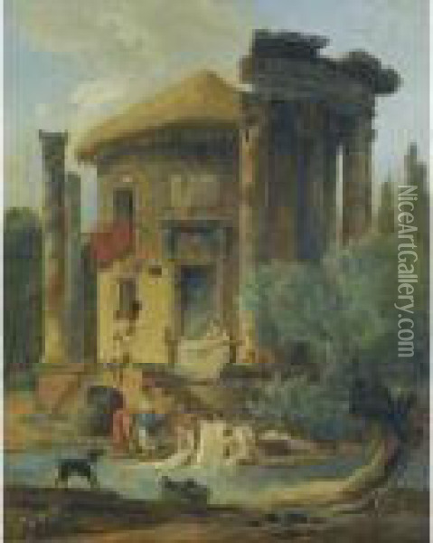 Washerwomen At The Edge Of A River, Beneath A Ruined Circular Temple Oil Painting - Hubert Robert