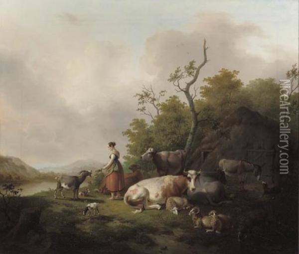 Watering Cows Oil Painting - Albert Jurardus van Prooijen