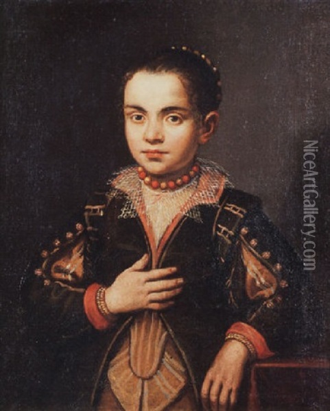 Portrait Of A Young Girl Wearing A Green Coat And A Beaded Necklace Oil Painting - Giovanni Battista Moroni