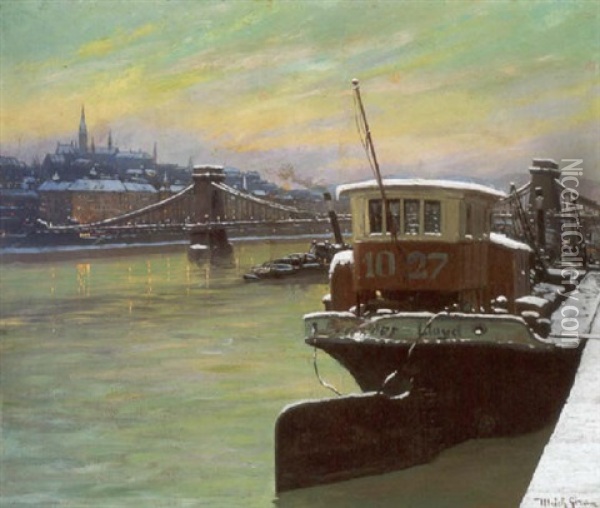Teli Budapest A Szazadfordulon A Kivilagitott Lanchiddal (budapest In Winter With The Chain Bridge) Oil Painting - Ulrich Geza