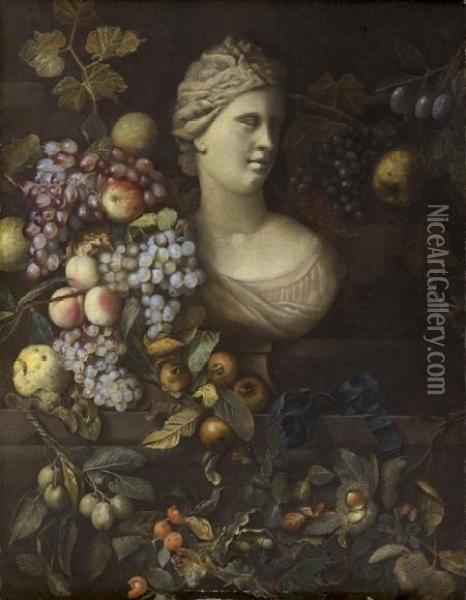 Allegorie De L'automne Avec Un Buste De Femme Entoure De Raisins, Poires, Prunes Et Chataignes Oil Painting - Pierre Dupuis