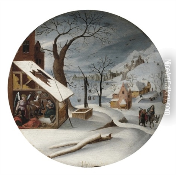 January: A Winter Landscape With The Dream Of Joseph And The Flight Into Egypt Oil Painting - Abel Grimmer