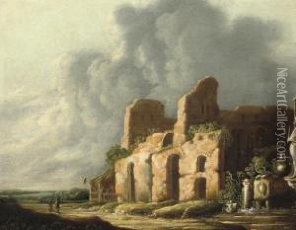 An Italiante Landscape With Ancients Ruins Oil Painting - Charles-Cornelisz de Hooch