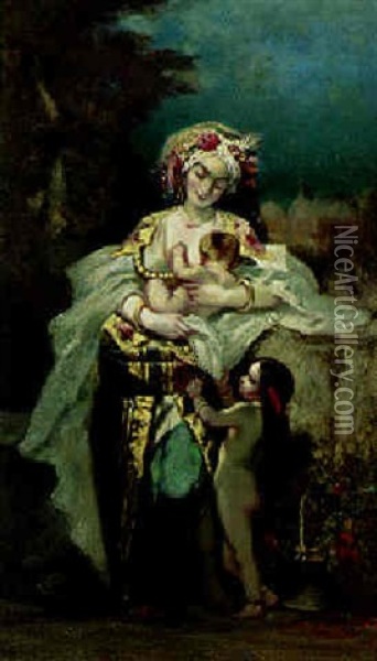 Oriental Lady With Her Children Oil Painting - Louis Devedeux
