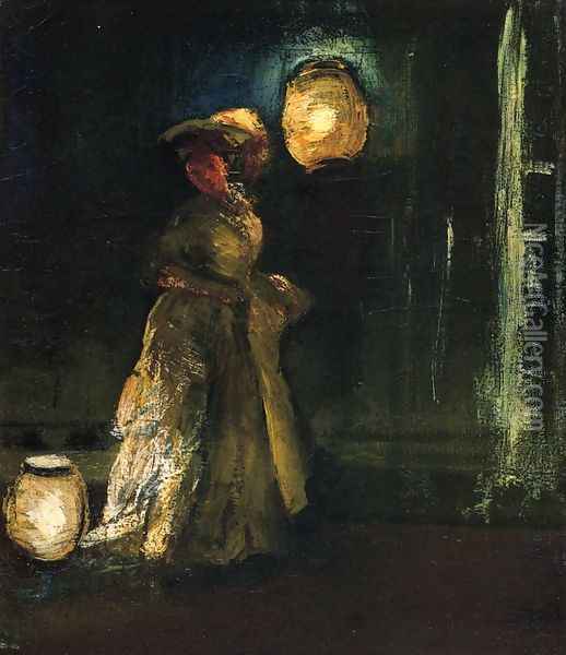 Girl with Japanese Lanterns Oil Painting - Everett Shinn