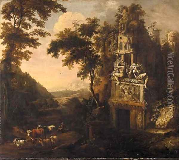 An Italianate landscape with a drover and his herd amongst ruins Oil Painting - Adriaen Van Diest