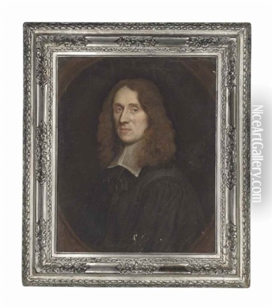 Portrait Of A Gentleman, Bust-length, In A Black Doublet And White Standing Collar, Feigned Oval Oil Painting - Pieter Borsseler