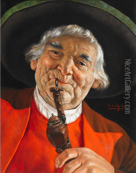 Studies Of Countrymen In Red: Tyrolean Smoking His Pipe Oil Painting - Erwin Eichinger