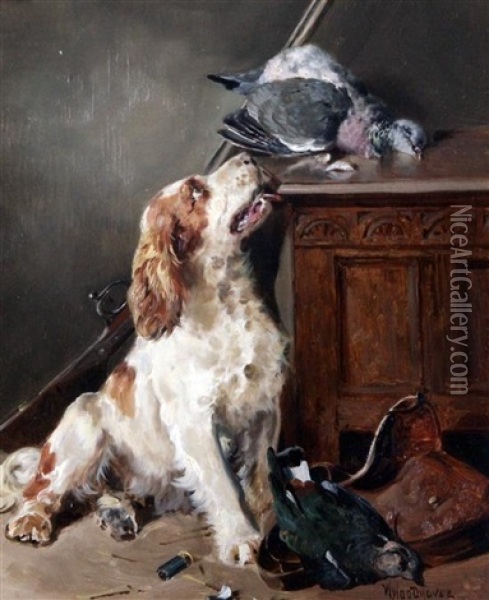 After The Shoot, Interior With Setter Beside Game Birds And An Oak Coffer Oil Painting - William Woodhouse