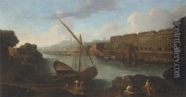 A Mediterranean Harbour Scene, With Figures Before A Barque Oil Painting - Adrien Manglard