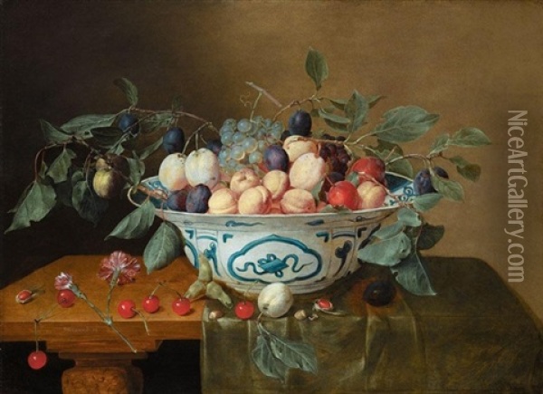 Still Life Of Apricots, Plums, Red And White Grapes In A Wan Li Kraak Porcelain Bowl, With Cherries, Hazelnuts, Carnations And Plums Strewn Upon A Wooden Table-top, Partly Covered With A Green Cloth Oil Painting - Jacob van Hulsdonck