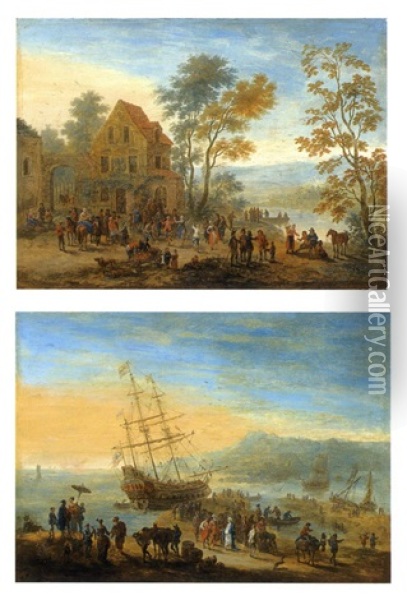 Scene De Port Anime D'orientaux (+ Scene De Kermesse Pres D'une Riviere; Pair) Oil Painting - Jan-Baptiste van der Meiren