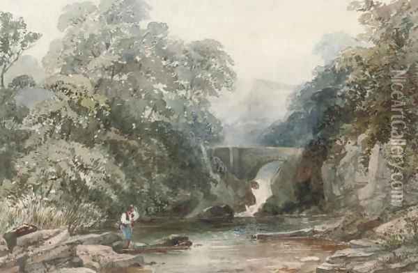 An angler on a riverbank before a waterfall Oil Painting - William James Bennett
