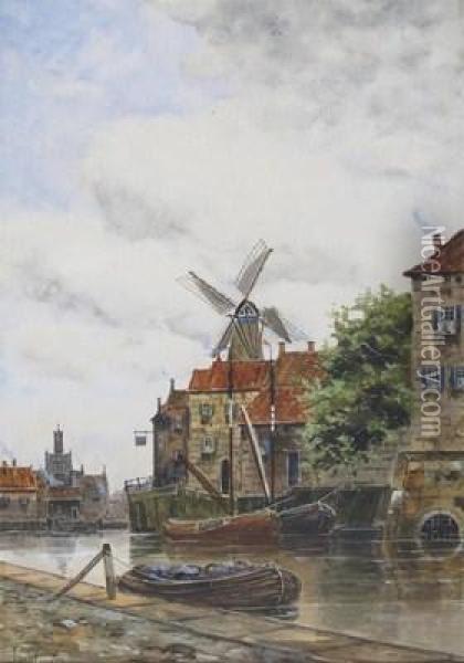 Barges On A Canal, A Windmill Beyond Oil Painting - Hermanus Jr. Koekkoek