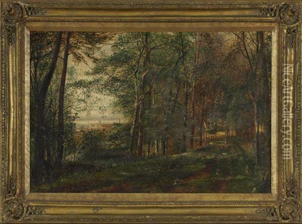 Wooded Landscape With View Of A Town In Distance Oil Painting - Humphrey J. Dingley