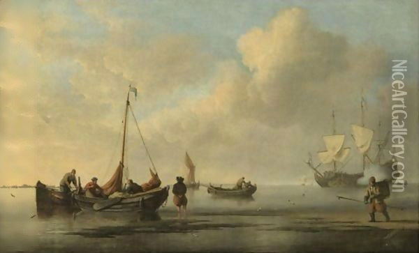 A Calm Day With Weyschuits Off A Beach, And Other Vessels Including A Man O' War Firing A Salute Offshore Oil Painting - Willem van de, the Elder Velde