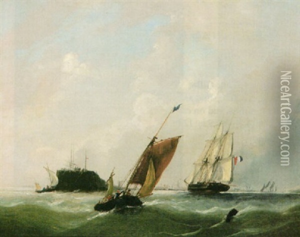 Shipping Near A French Harbor Oil Painting - Frederick Calvert