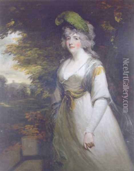 Portrait Of Lady Boothby In A Gray Dress And With A Plume In Her Hair, A Landscape Beyond Oil Painting - Sir John Hoppner